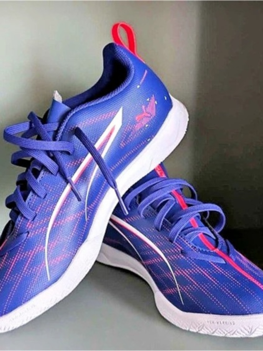 Puma Ultra Play IT Jr. indoor soccer shoes in blue & bright pink/coral colorway